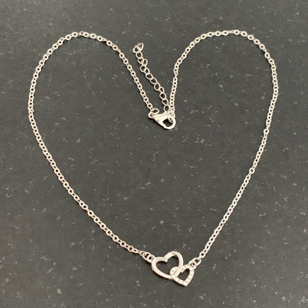 Interlocking Double Hearts Necklace, Silver Tone with Rhinestones